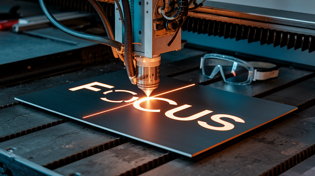 Close-up of a laser engraving machine cutting the word 'FOCUS' into a metal plate, symbolizing precision and the benefits of focused work in achieving efficiency and high-quality results.