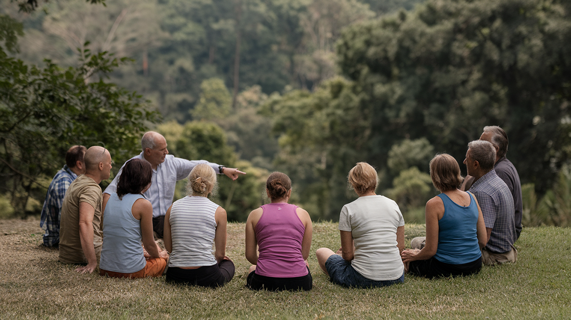 A group of eight individuals sitting in a circle on grass outdoors, with a man gesturing and speaking to the group. They appear engaged in a collaborative discussion amidst a natural setting of trees. This represents a team-building or leadership workshop environment. Keywords: fractional CTO five dysfunctions of a team.
