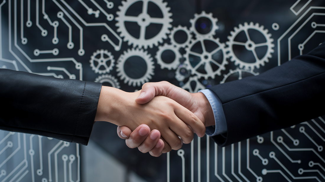 A handshake between two professionals, symbolizing collaboration and partnership, with a background of interconnected gears and circuitry representing technology and strategy. This image highlights the importance of asking the right questions when hiring a Fractional CTO to ensure alignment and success.
