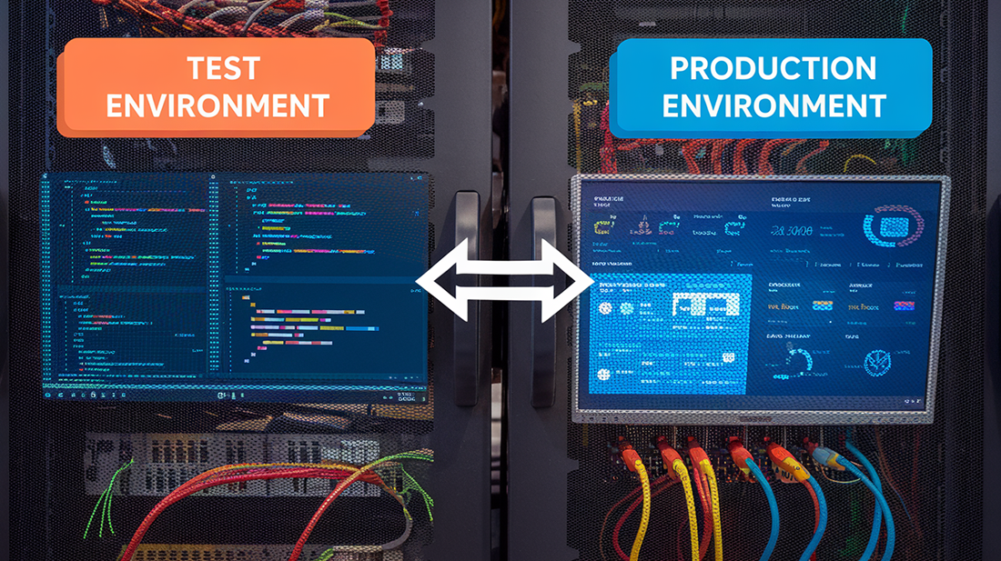 A side-by-side comparison of two server racks, labeled "Test Environment" on the left and "Production Environment" on the right. Both setups feature screens displaying code and system analytics, connected by a double-headed arrow to symbolize synchronization. The image illustrates the concept of maintaining a test environment identical to production for consistent software behavior. Bright orange and blue labels clearly differentiate the environments.