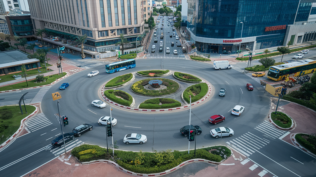 The image shows a busy roundabout in a modern city with several vehicles, including cars and buses, navigating through it. The roundabout is located near tall buildings, with greenery surrounding the traffic circle. Traffic lights at the entrances and exits control the flow of vehicles. In the context of a CTO (Chief Technology Officer) in a decentralized organization, the roundabout can serve as a metaphor for guiding the flow of decision-making and innovation.