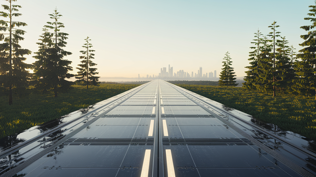 A futuristic road made of solar panels stretches towards a city skyline, symbolizing progress and innovation. This image visually represents the concept of forward-moving progress, which is key when learning how to motivate software engineers by fostering continuous improvement and creating a path for success.