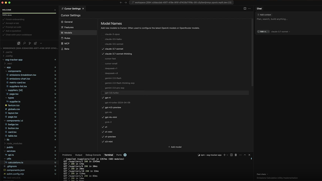 Screenshot of Cursor, an AI-powered code editor, displaying model selection settings, a file structure for a React project, and a terminal running a Next.js web application. This image represents the AI-assisted development process used to build a web app with AI, integrating tools like Cursor, Replit, and V0.dev.